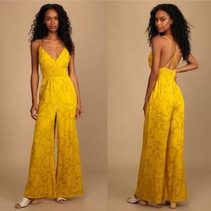 Lulu’s | Mustard Yellow Jacquard Wide-Leg Jumpsuit